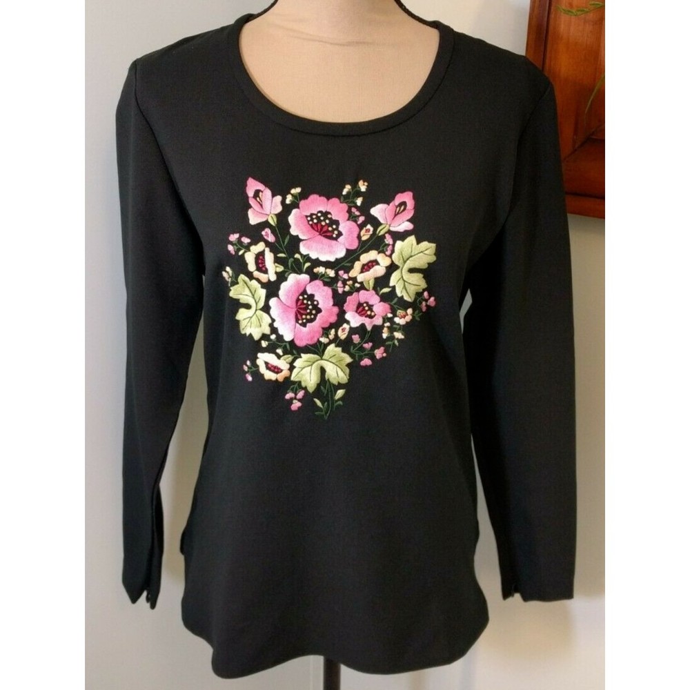 Womens Vintage Blouse Black Embroidered Floral size 12 King James California
